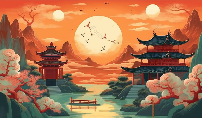 国潮山水亭台楼阁建筑手绘背景,插画/手绘图,插画/手绘图库,插画/手绘图下载,插画/手绘